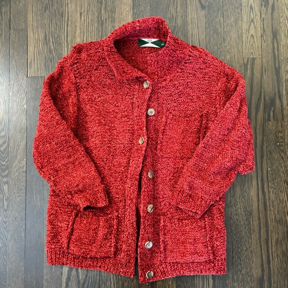 525 America Red Chunky Cable Knit Cardigan Sweater 3 Pockets Size M/L - Picture 1 of 5